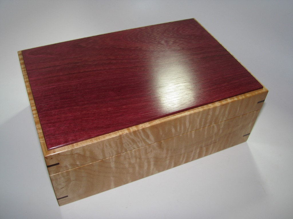 Purpleheart And Tiger Maple Keepsake Memory Box. Lined In White Leather. 10" X 7" X 4"