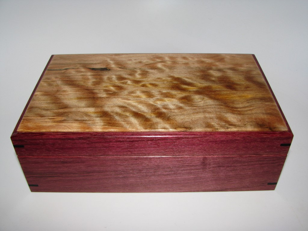 Adorable Quilted And Spalted Maple Jewelry Keepsake Box With Purpleheart Sides. 9" X 5.5" X 3"