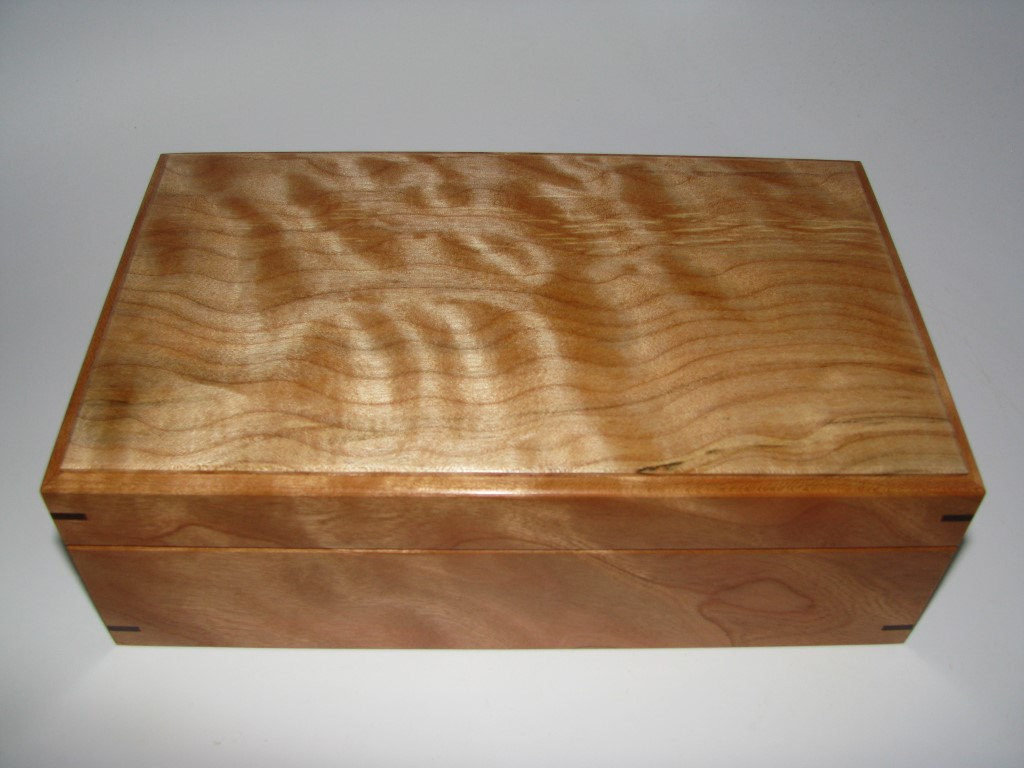 Leather Lined Quilted Maple And Cherry Box. Small Box. 9" X 5.5" X 3"