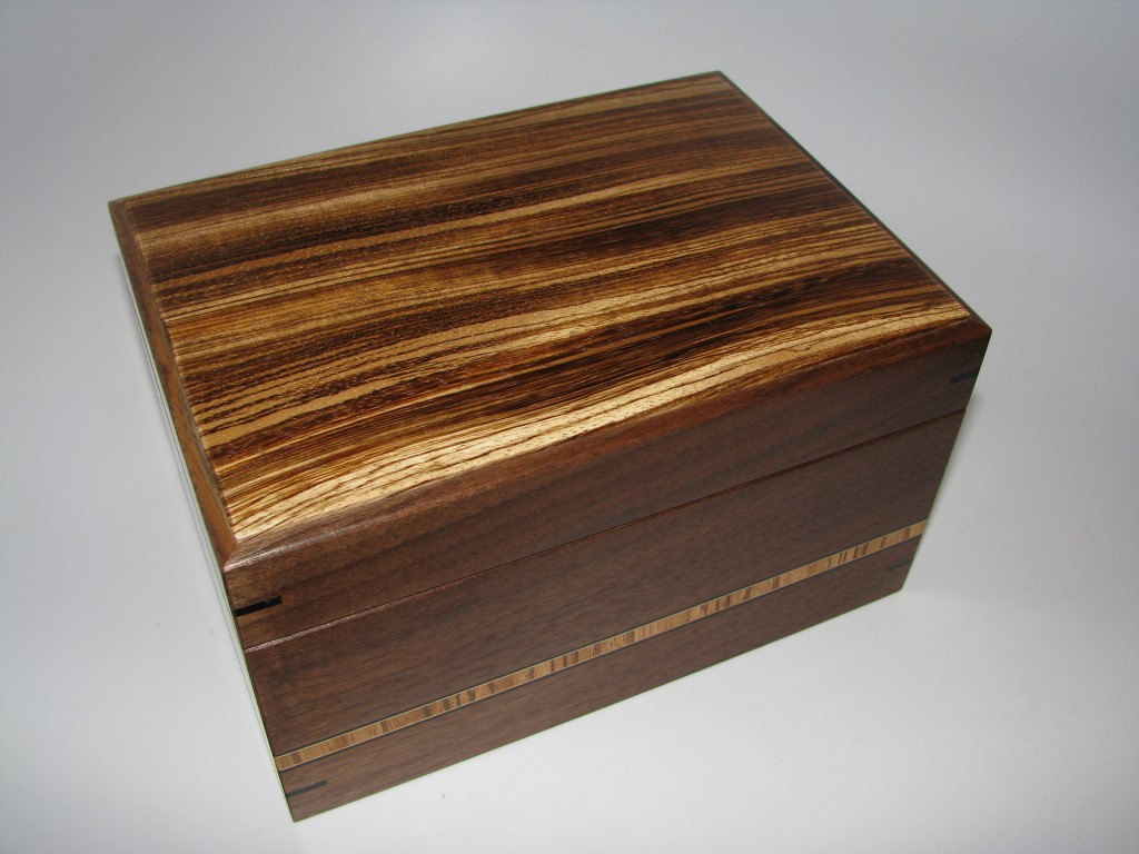 Sleek Zebrawood And Walnut Keepsake Box. 8" X 6" X 4"