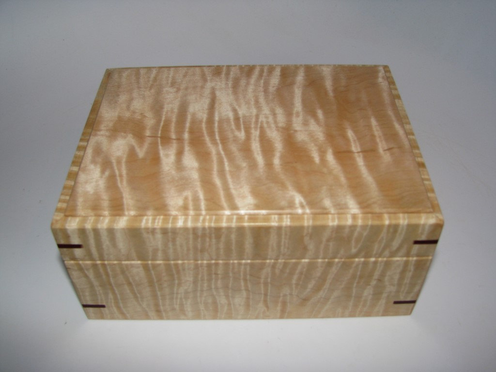Small Tiger Maple Box Upholstered In Dark Brown Suede Fabric. 6.5" X 5" X 3"