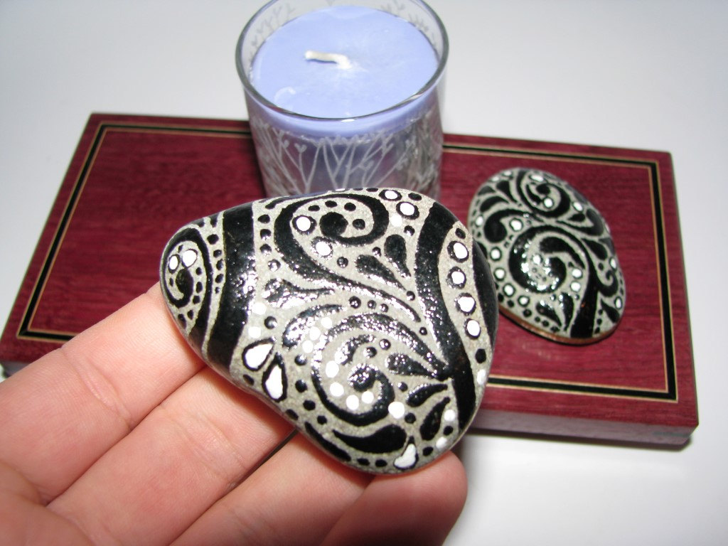 Zen Votive Candle Set. Purpleheart Handmade Stand, Hand-painted Stones, Hand-etched Votive Glass, And Handmade Candle.
