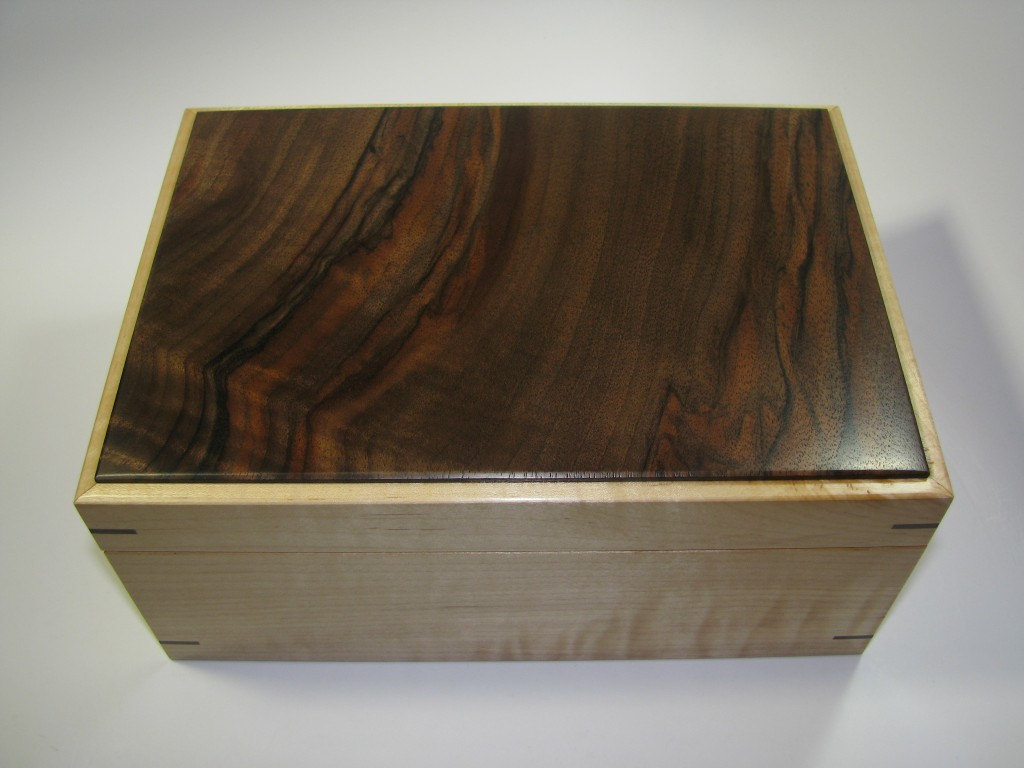 Handcrafted Marbled Claro Walnut And Tiger Maple Box. 10" X 7" X 4.5"