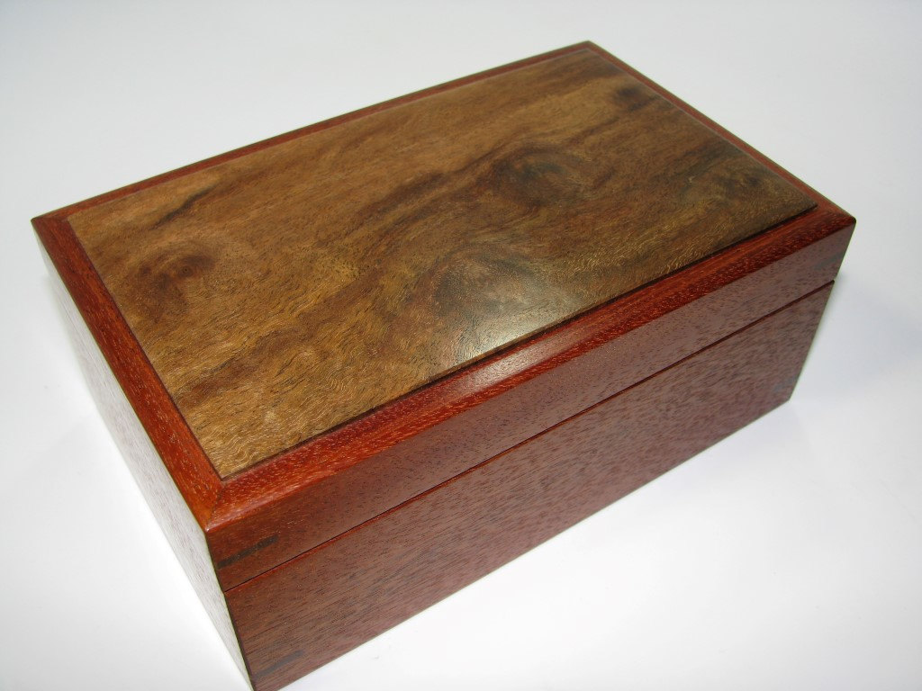 Walnut Burl And Mahogany Box Lined In Black Leather. 7.75" X 4.75" X 3.25"