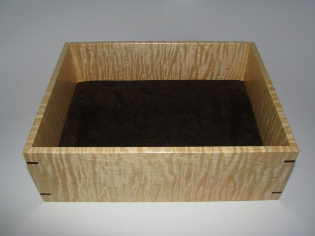 Wooden Tray In Tiger Maple. Upholstered In Brown Suede Fabric. 9.25" X 7.25" X 3"