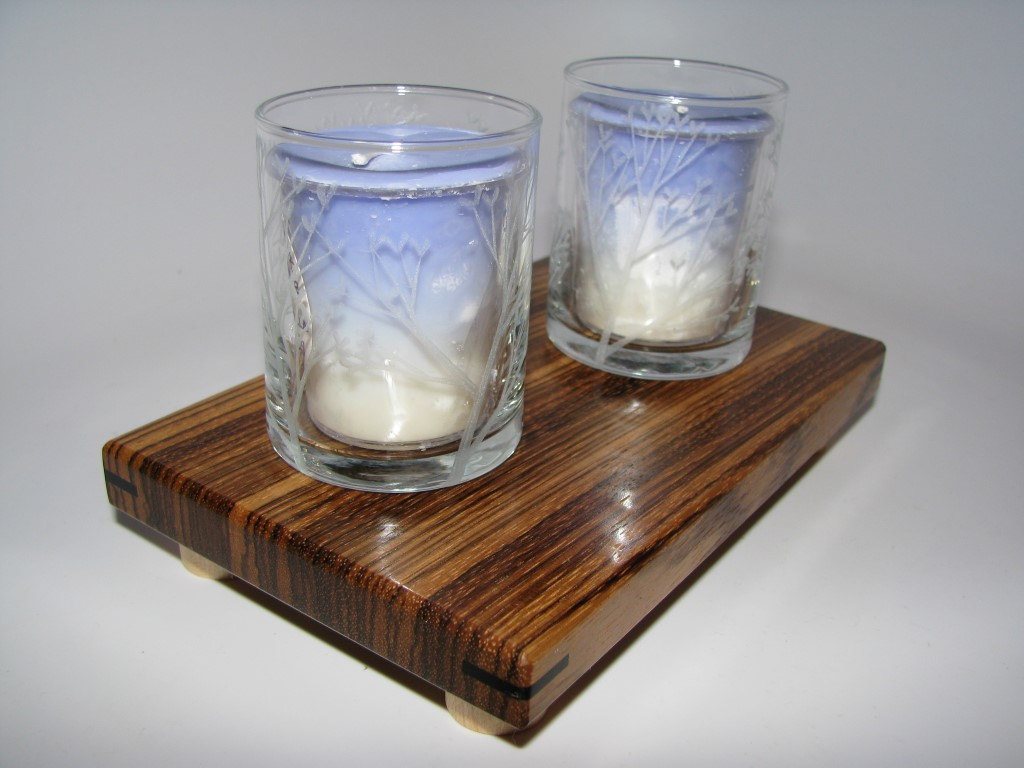 Votive Candle Set. Zebrawood Handmade Stand, Hand-etched Votive Glasses, And Handmade Candles.