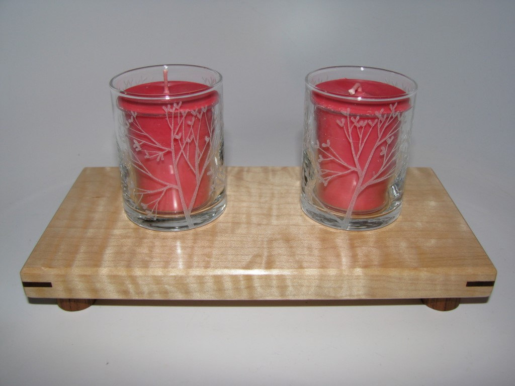 Tea Light Candle Set. Tiger Maple Handmade Stand, Hand-etched Votive Glasses, And Handmade Candles.