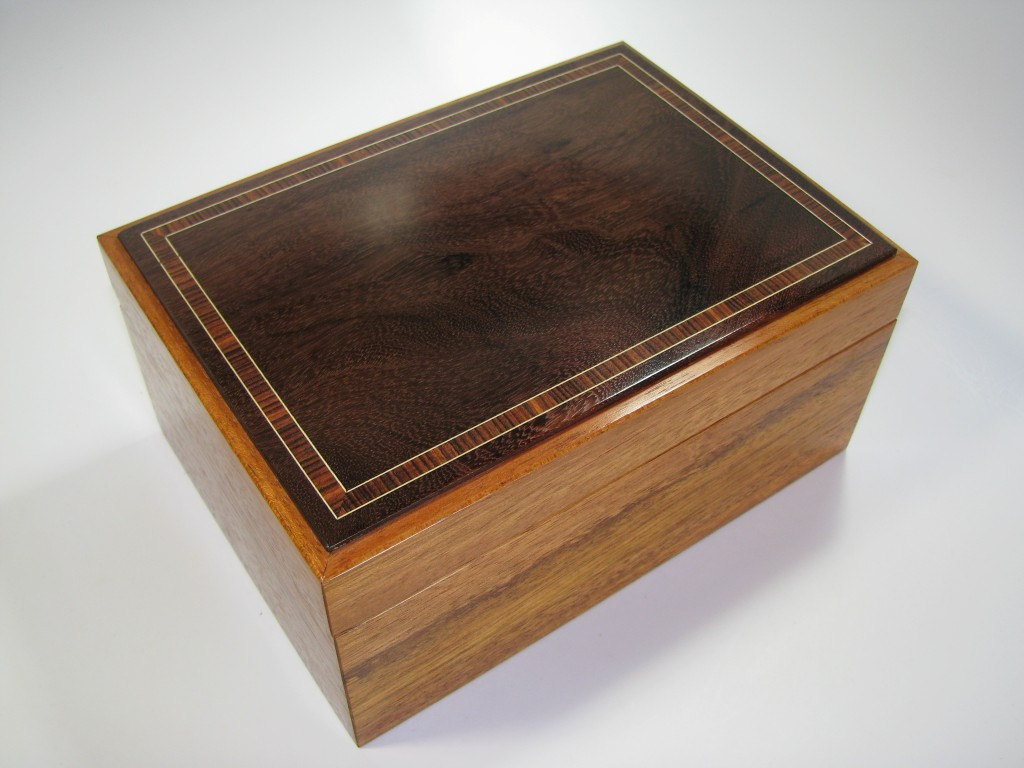 Brazilian Cherry And Katalox Keepsake Box With Inlaid Top And Upholstered Velvet Lining. 8" X 5.5" X 4"